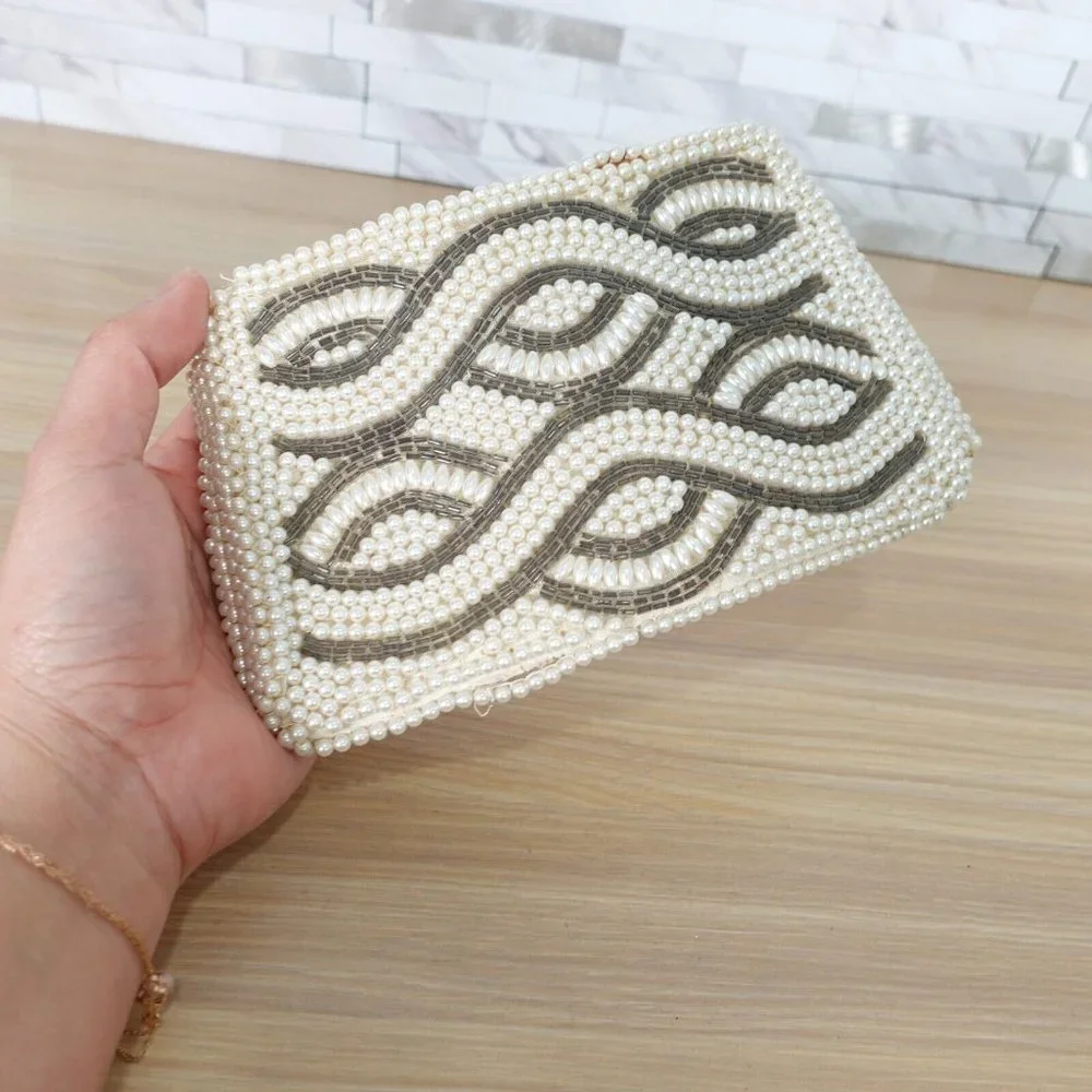 VINTAGE Boho Pearl Beaded Evening Clutch Bag Cream Art Deco Empress 70s Handmade